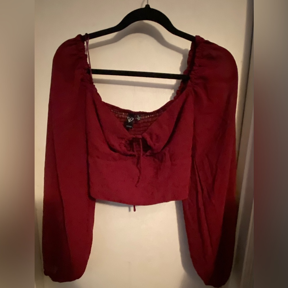 Windsor Maroon Crop Long Sleeve Blouse With Key Hole